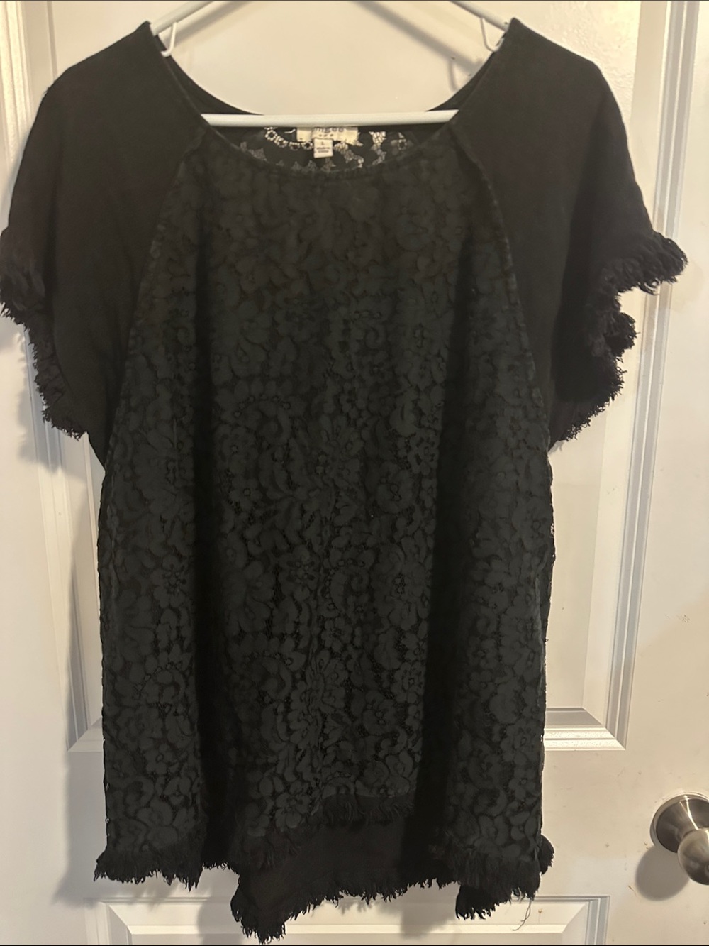 Umgee Black Lace Raw Edge Short Sleeve Top